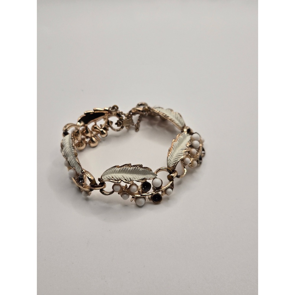 Vintage Coro Gold Tone White Enamel Leaf Bead Link Bracelet with Safety Chain